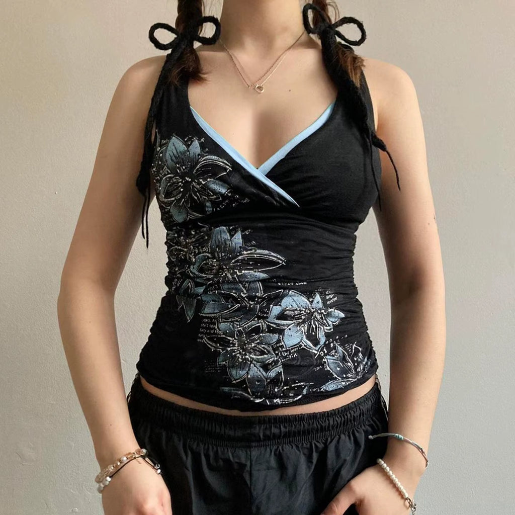 American Retro Style Black Printed Suspender Vest