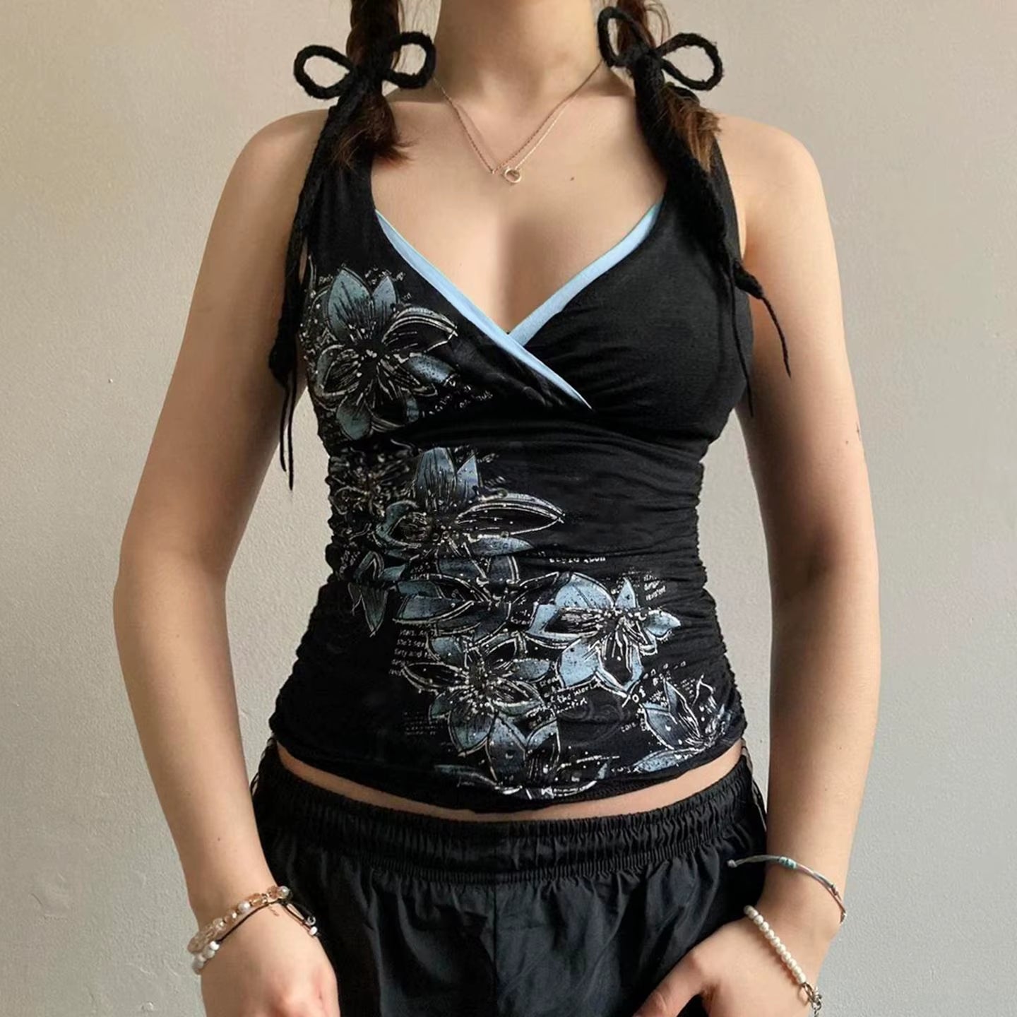 American Retro Style Black Printed Suspender Vest