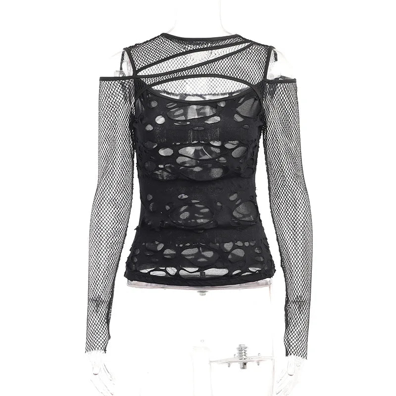 Frayed Mall Gothic Hollow Out T-Shirts 