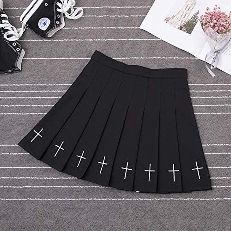 Pleated Mini Skirt Black Cross Embroidery