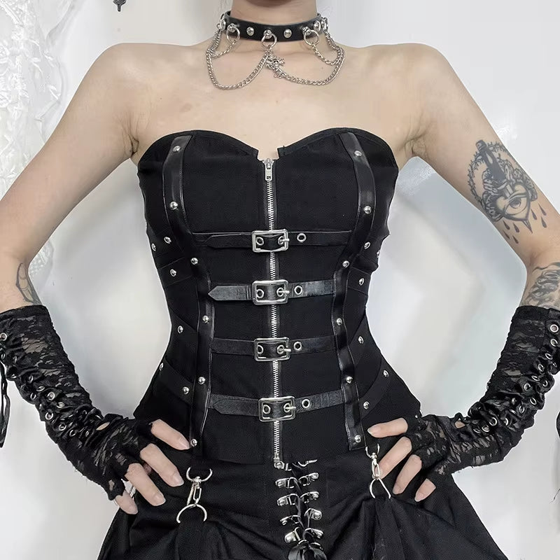 Punk Grunge Leather Buckle Strapless Corset 