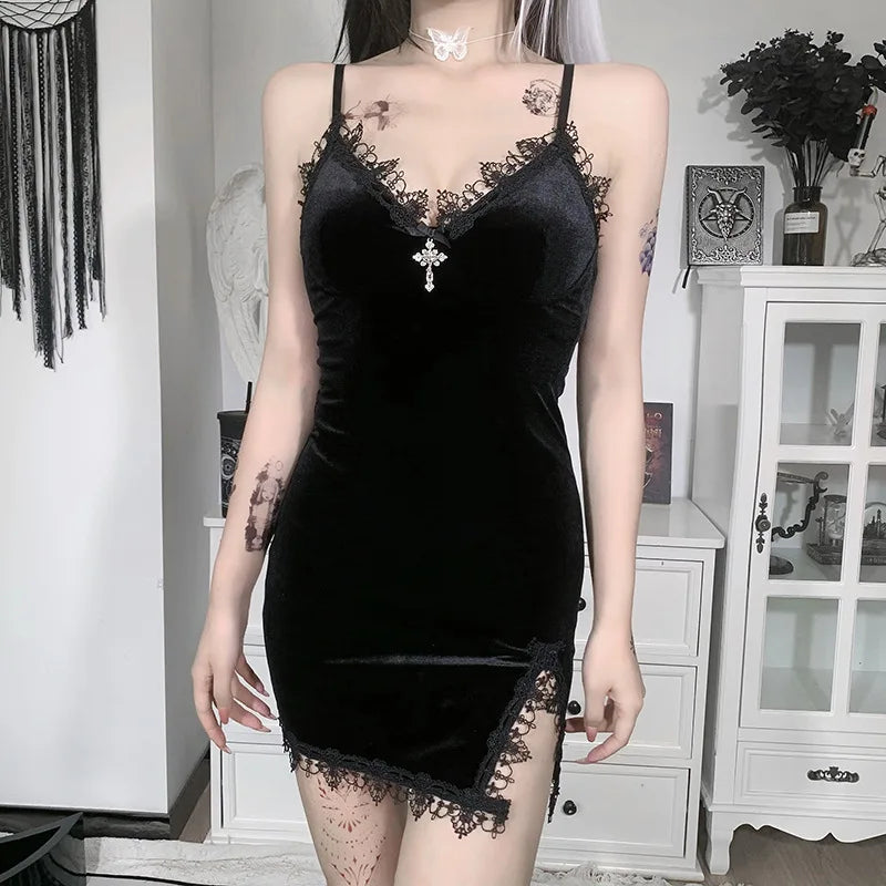 Dark Cross Black Mini Dress Vintage 