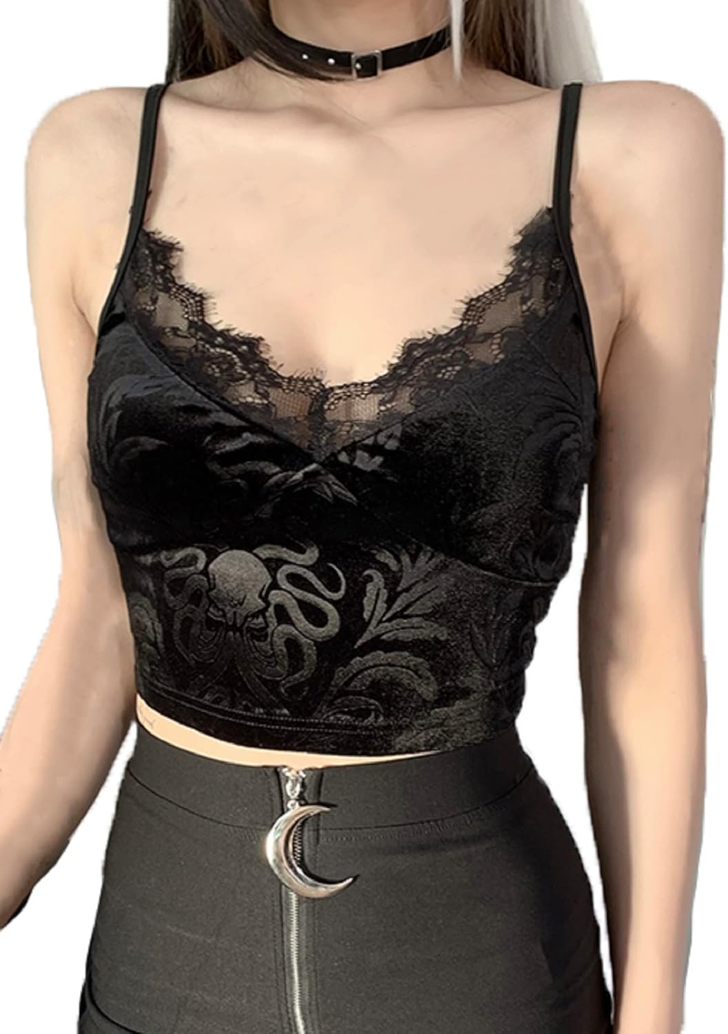 Elevate Your Wardrobe with Our Women’s Gothic Velvet Camisole - Dark Punk V Neck Crop Top, Perfect for Emo and Harajuku Styles!
