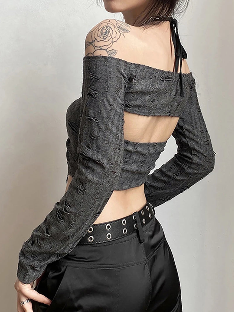 Vintage Gothic Drawstring Women T-Shirts 2 Piece Set Y2K 