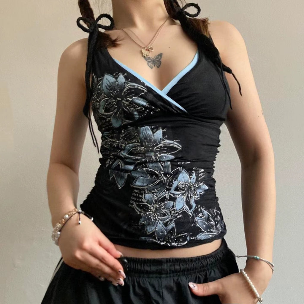 American Retro Style Black Printed Suspender Vest