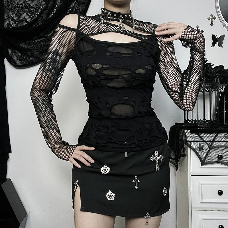 Frayed Mall Gothic Hollow Out T-Shirts 