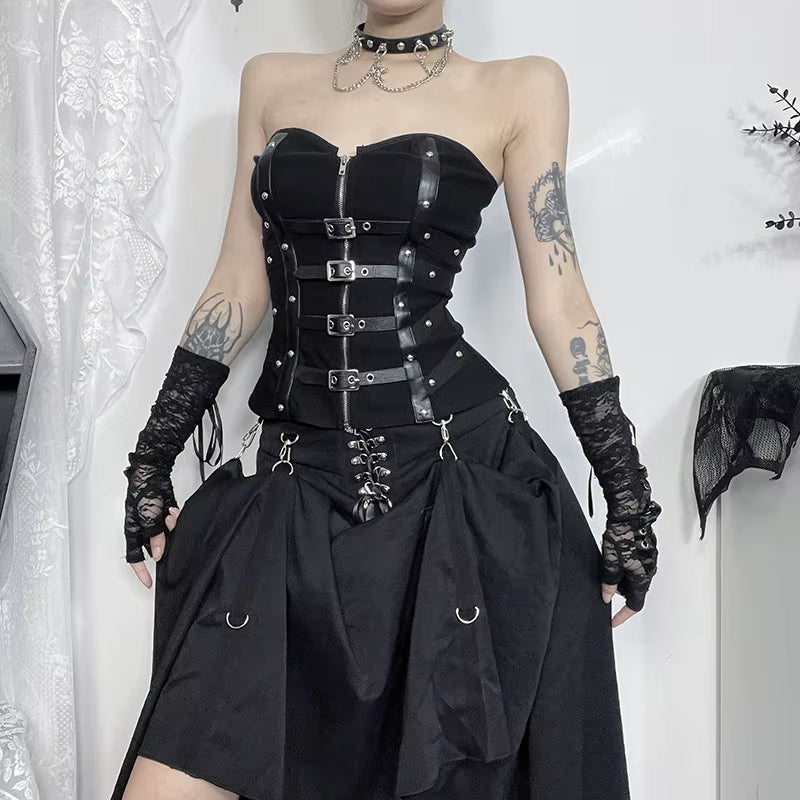 Punk Grunge Leather Buckle Strapless Corset 