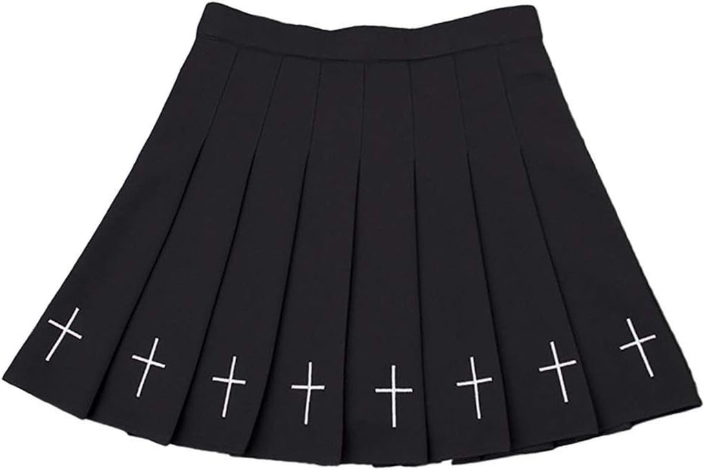 Pleated Mini Skirt Black Cross Embroidery
