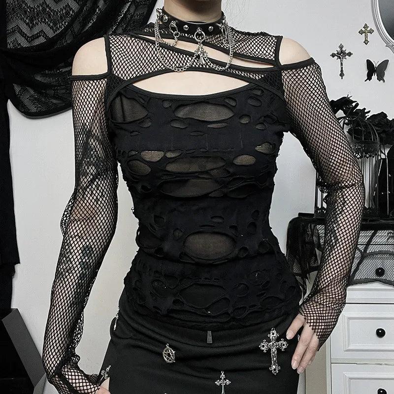Frayed Mall Gothic Hollow Out T-Shirts 