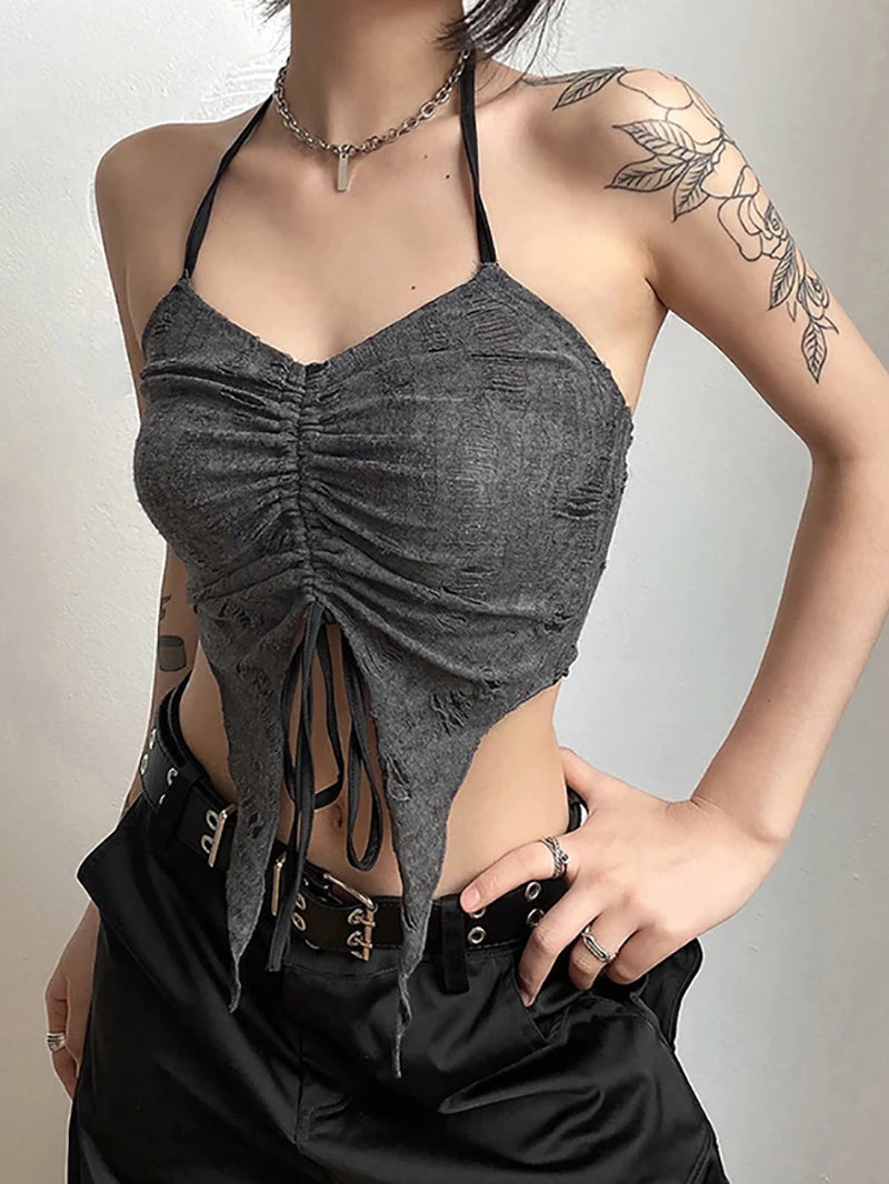 Vintage Gothic Drawstring Women T-Shirts 2 Piece Set Y2K 