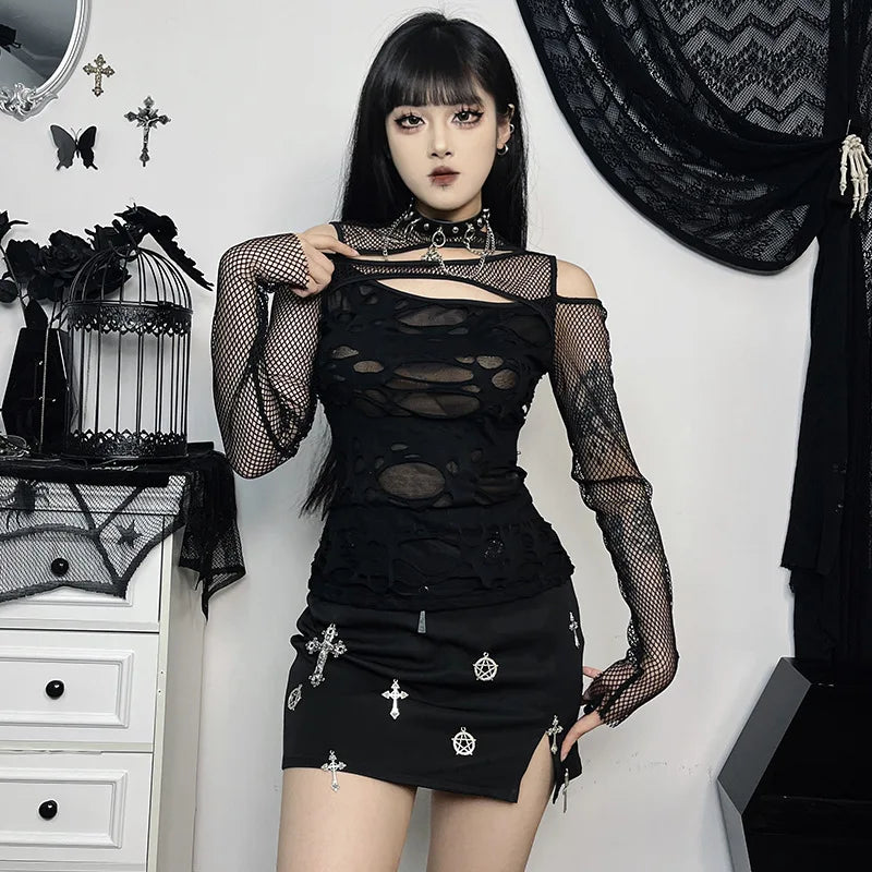 Frayed Mall Gothic Hollow Out T-Shirts 