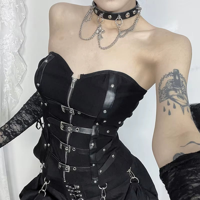 Punk Grunge Leather Buckle Strapless Corset 