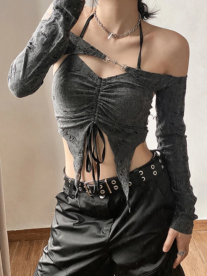 Vintage Gothic Drawstring Women T-Shirts 2 Piece Set Y2K 