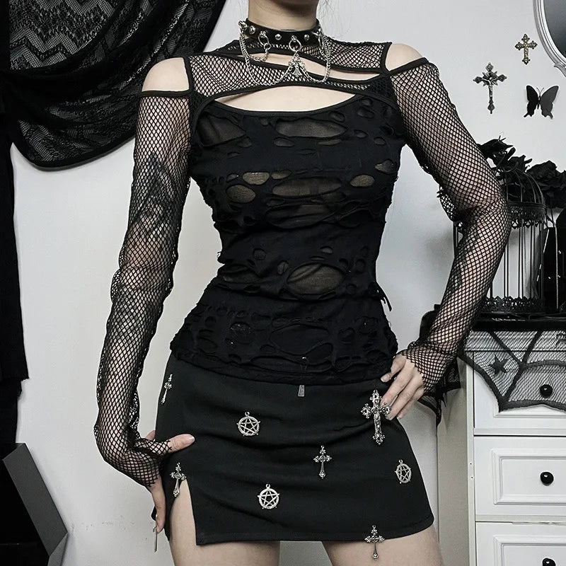 Frayed Mall Gothic Hollow Out T-Shirts 