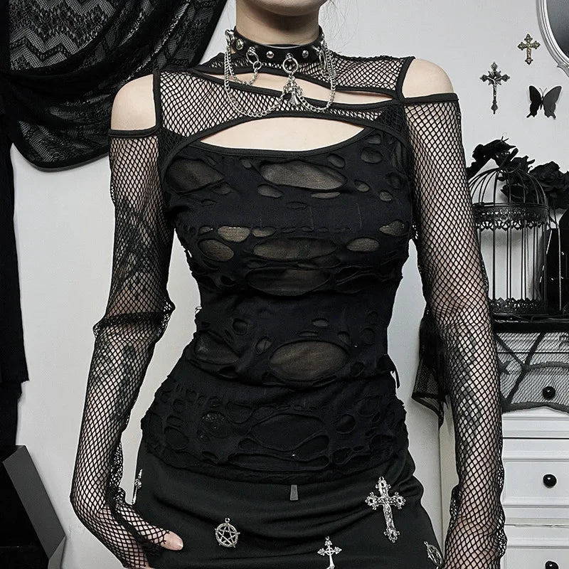 Frayed Mall Gothic Hollow Out T-Shirts 