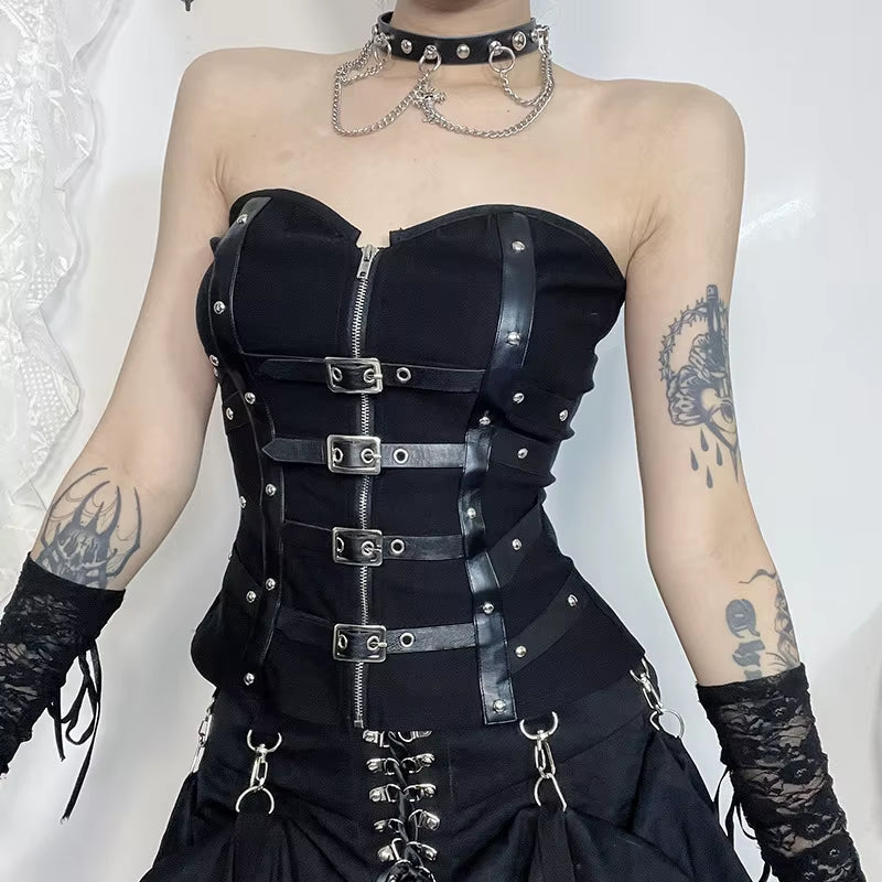 Punk Grunge Leather Buckle Strapless Corset 